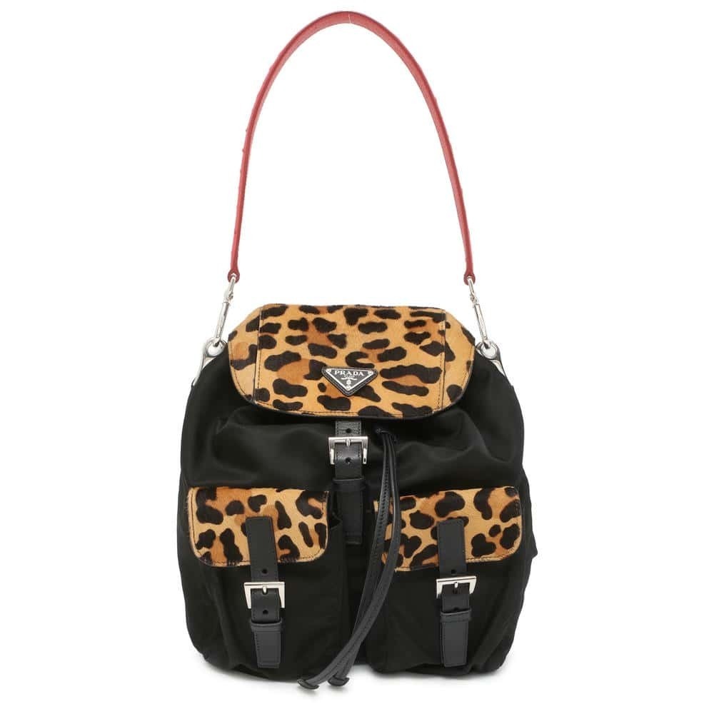 Prada Shoulder Bag Leopard Calf Hair Ostrich One Black